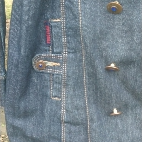 Joujou Womens Jean Jacket Blue Denim Double Breasted Collar Belted size Large - Picture 2 of 15